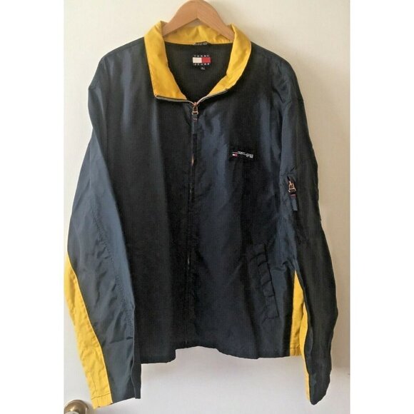 Vtg Hilfiger Tommy Jeans Spell Out Nylon Zipper Jacket Navy Yellow XL - Picture 1 of 12